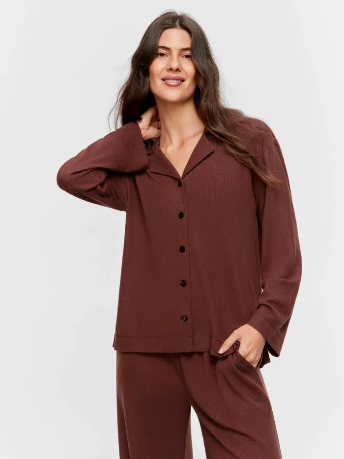 Women Chocolate Soft Waffle Long Sleeve Shirt Brown Peter Alexander Tops