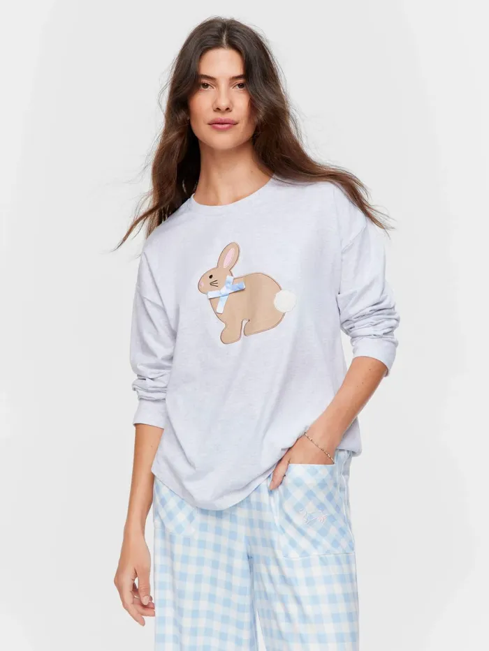 Women Crafty Bunny Long Sleeve Top Grey Marle Peter Alexander Tops
