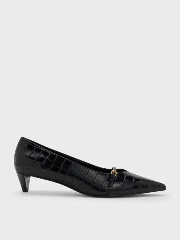 Women CrocEffect Buckled PointedToe KittenHeel Pumps 8211 Animal Print Black CHARLES and KEITH Heels Women CrocEffect Buckled PointedToe KittenHeel Pumps 8211 Animal Print Black CHARLES and KEITH Heels