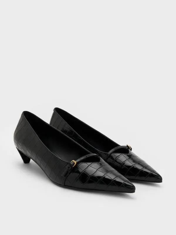 Women CrocEffect Buckled PointedToe KittenHeel Pumps 8211 Animal Print Black CHARLES and KEITH Heels