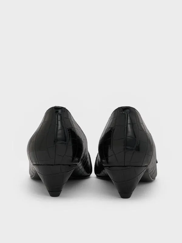 Women CrocEffect Buckled PointedToe KittenHeel Pumps 8211 Animal Print Black CHARLES and KEITH Heels