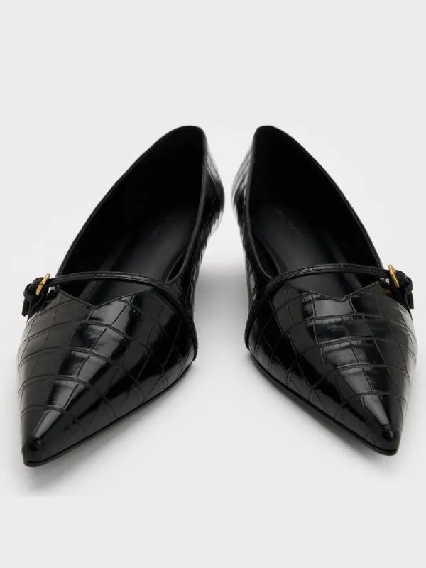 Women CrocEffect Buckled PointedToe KittenHeel Pumps 8211 Animal Print Black CHARLES and KEITH Heels
