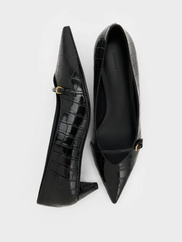 Women CrocEffect Buckled PointedToe KittenHeel Pumps 8211 Animal Print Black CHARLES and KEITH Heels