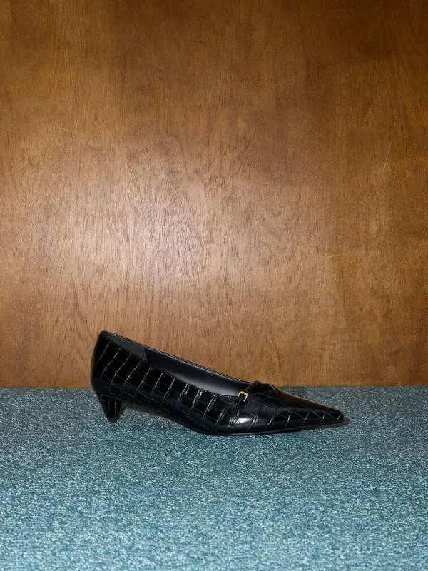 Women CrocEffect Buckled PointedToe KittenHeel Pumps 8211 Animal Print Black CHARLES and KEITH Heels