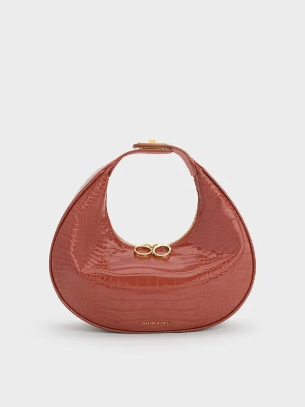 Women CrocEmbossed Crescent Hobo Bag 8211 Brown CHARLES and KEITH Hobo Bags