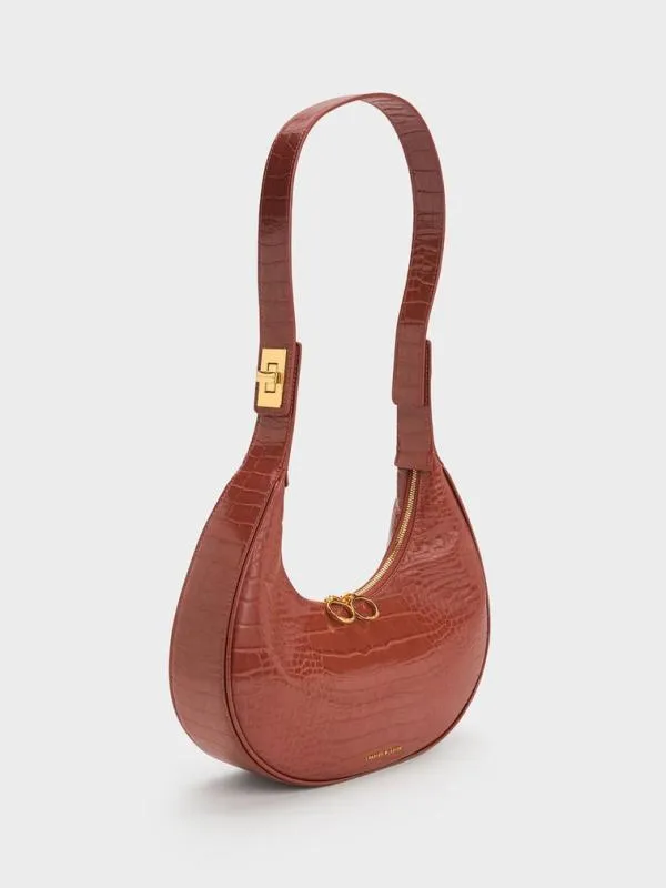 Women CrocEmbossed Crescent Hobo Bag 8211 Brown CHARLES and KEITH Hobo Bags