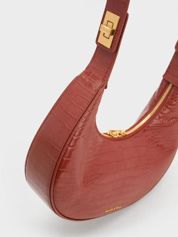Women CrocEmbossed Crescent Hobo Bag 8211 Brown CHARLES and KEITH Hobo Bags