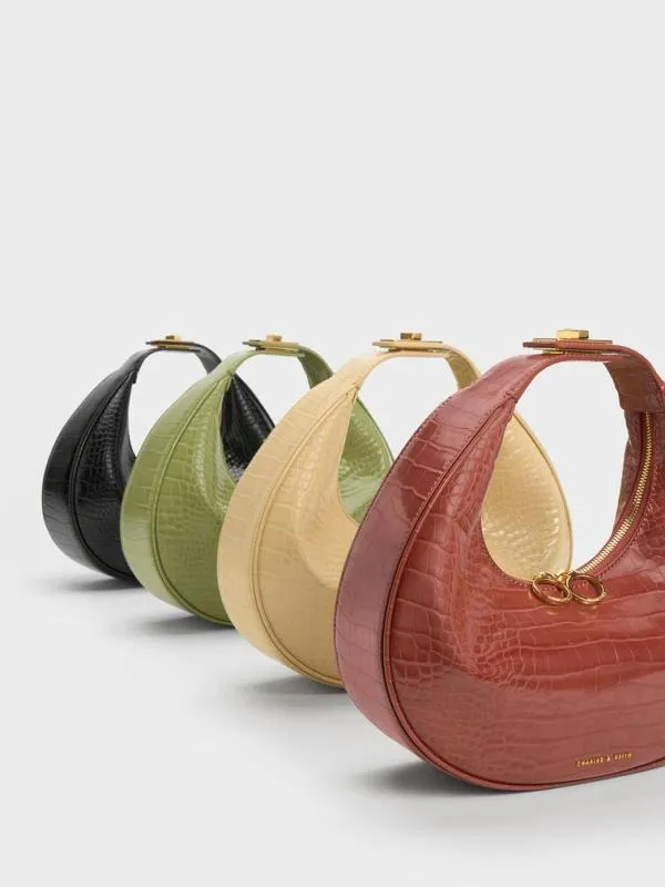 Women CrocEmbossed Crescent Hobo Bag 8211 Brown CHARLES and KEITH Hobo Bags