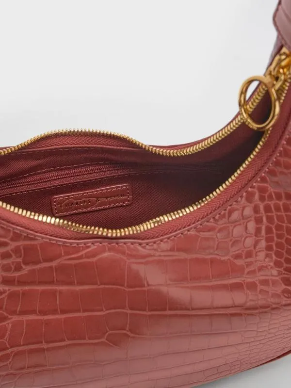 Women CrocEmbossed Crescent Hobo Bag 8211 Brown CHARLES and KEITH Hobo Bags