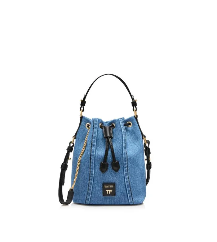Women Cross Body Bags Tom Ford Denim Disco Small Bucket On Chain Washed Blue Black