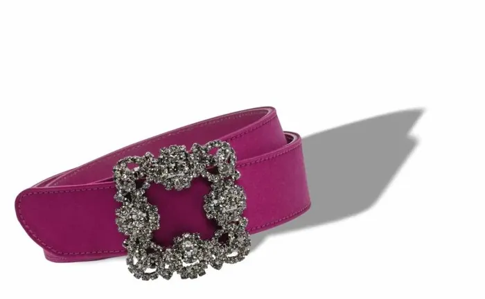 Women Dark Fuchsia Satin Crystal Buckled Belt Manolo Blahnik Belts