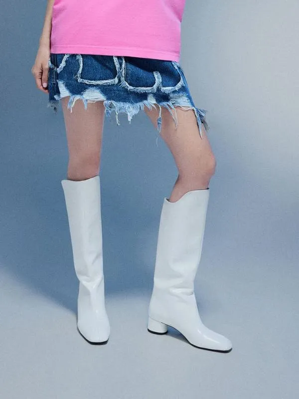 Women Elongated SquareToe KneeHigh Boots 8211 White CHARLES and KEITH Boots