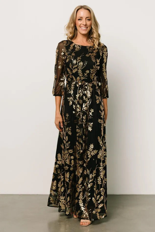 Women Embellished Sequin Baltic Born Destiny Sequin Maxi Dress Black Gold