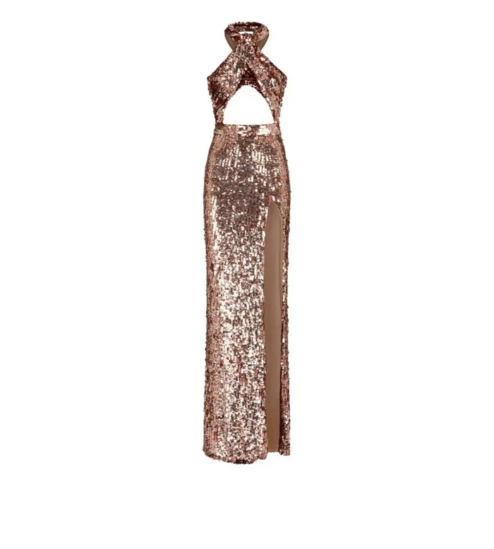 Women Evening Tom Ford Sequin Embroidery CutOut Halter Neck Evening Dress Bronze