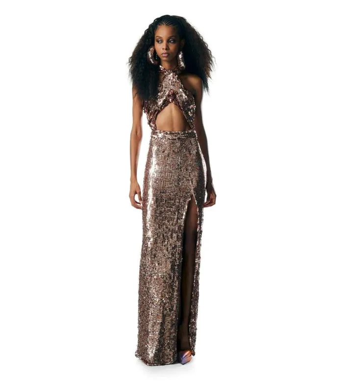 Women Evening Tom Ford Sequin Embroidery CutOut Halter Neck Evening Dress Bronze Women Evening Tom Ford Sequin Embroidery CutOut Halter Neck Evening Dress Bronze