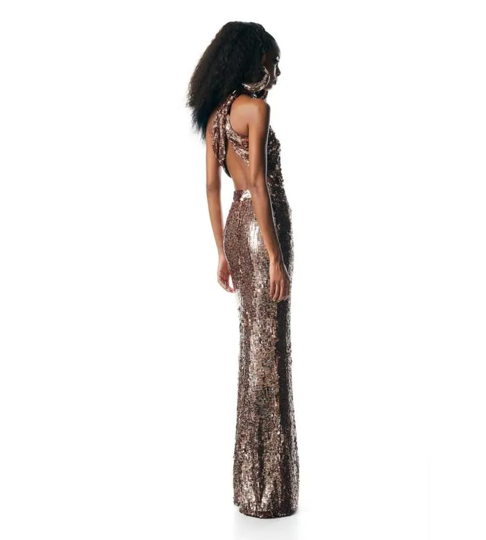 Women Evening Tom Ford Sequin Embroidery CutOut Halter Neck Evening Dress Bronze Women Evening Tom Ford Sequin Embroidery CutOut Halter Neck Evening Dress Bronze