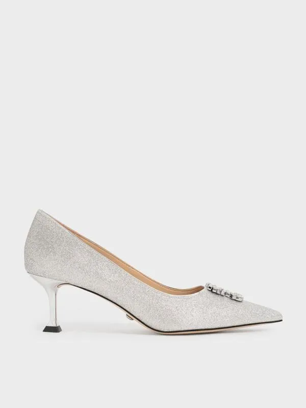 Women Ever Glittered GemEmbellished Kitten Heel Pumps 8211 Silver CHARLES and KEITH Heels