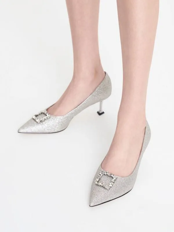Women Ever Glittered GemEmbellished Kitten Heel Pumps 8211 Silver CHARLES and KEITH Heels Women Ever Glittered GemEmbellished Kitten Heel Pumps 8211 Silver CHARLES and KEITH Heels