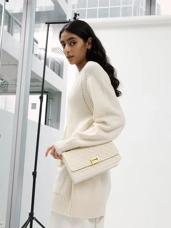Women Everline Woven BraidedStrap Shoulder Bag 8211 White CHARLES and KEITH Shoulder Bags