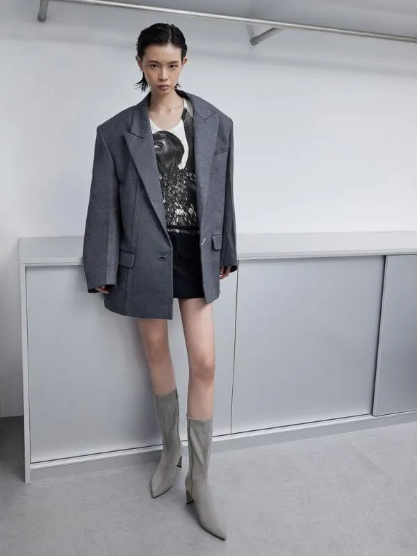 Women Faux Suede BladeHeel PointedToe Calf Boots 8211 Grey CHARLES and KEITH Boots