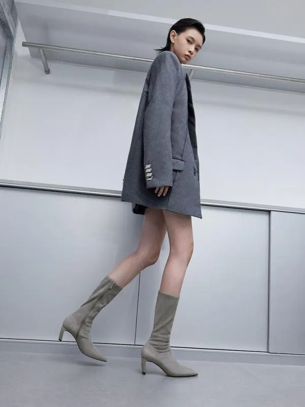 Women Faux Suede BladeHeel PointedToe Calf Boots 8211 Grey CHARLES and KEITH Boots