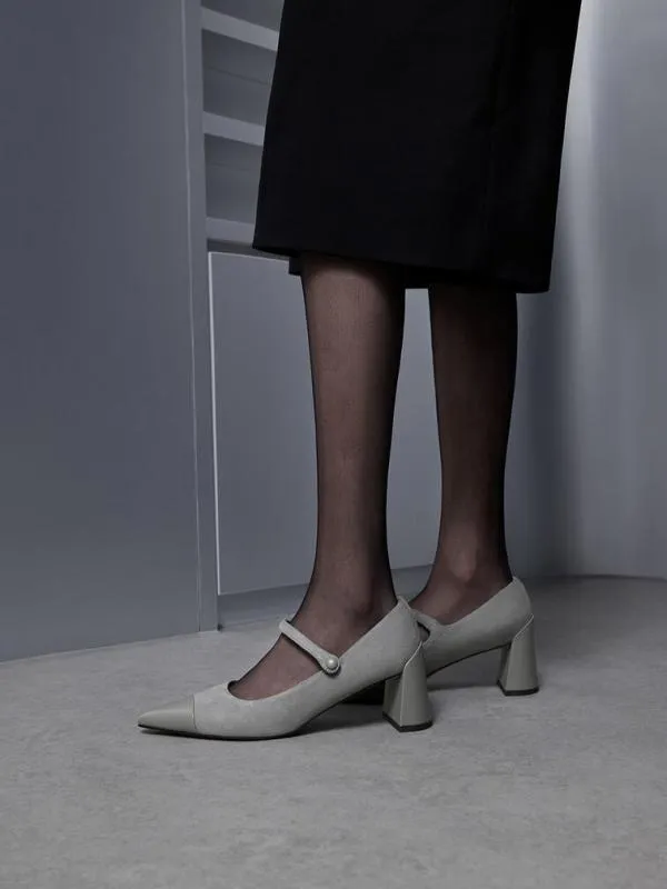Women Faux Suede CapToe Pointed Mary Jane Pumps 8211 Grey CHARLES and KEITH Heels