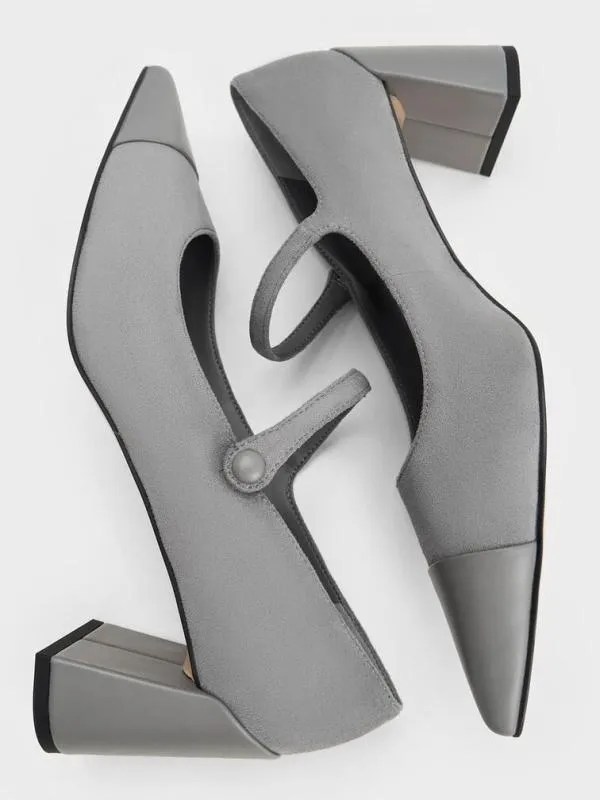 Women Faux Suede CapToe Pointed Mary Jane Pumps 8211 Grey CHARLES and KEITH Heels