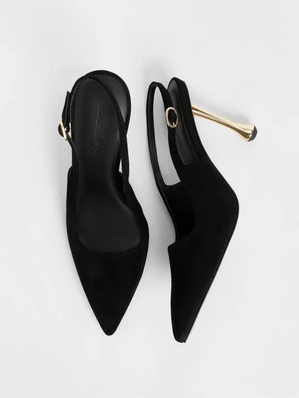 Women Faux Suede SculpturalHeel PointedToe Pumps 8211 Black Textured CHARLES and KEITH Heels
