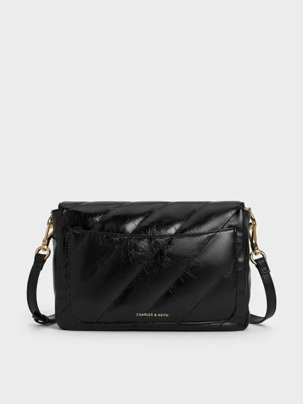 Women Fawn Panelled Front Flap ChainHandle Bag 8211 Black CHARLES and KEITH Shoulder Bags