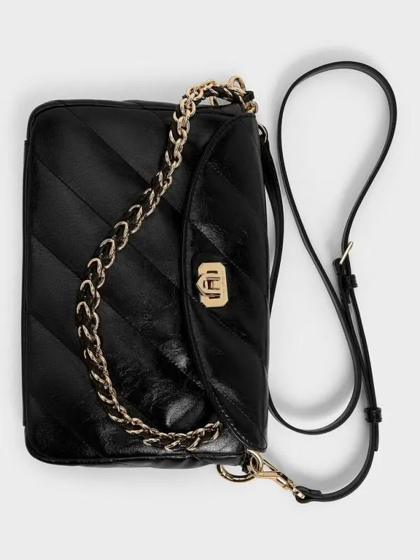 Women Fawn Panelled Front Flap ChainHandle Bag 8211 Black CHARLES and KEITH Shoulder Bags