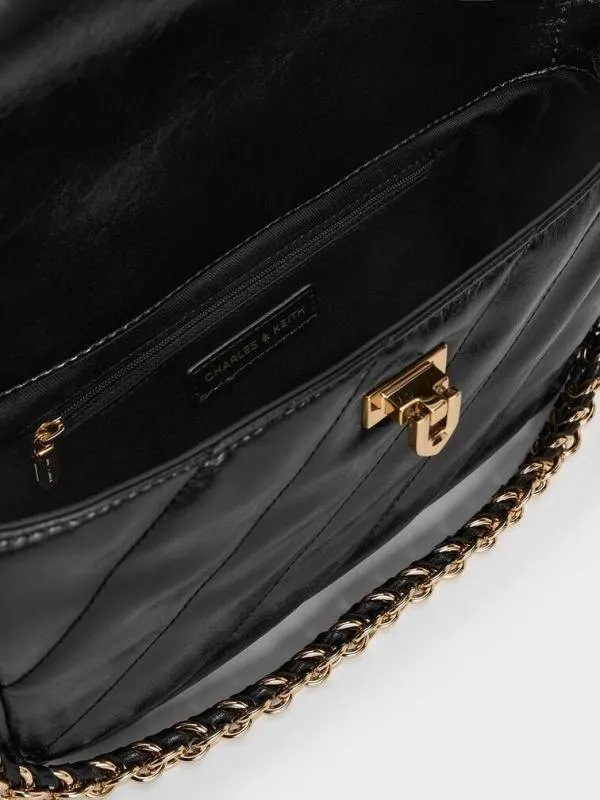 Women Fawn Panelled Front Flap ChainHandle Bag 8211 Black CHARLES and KEITH Shoulder Bags