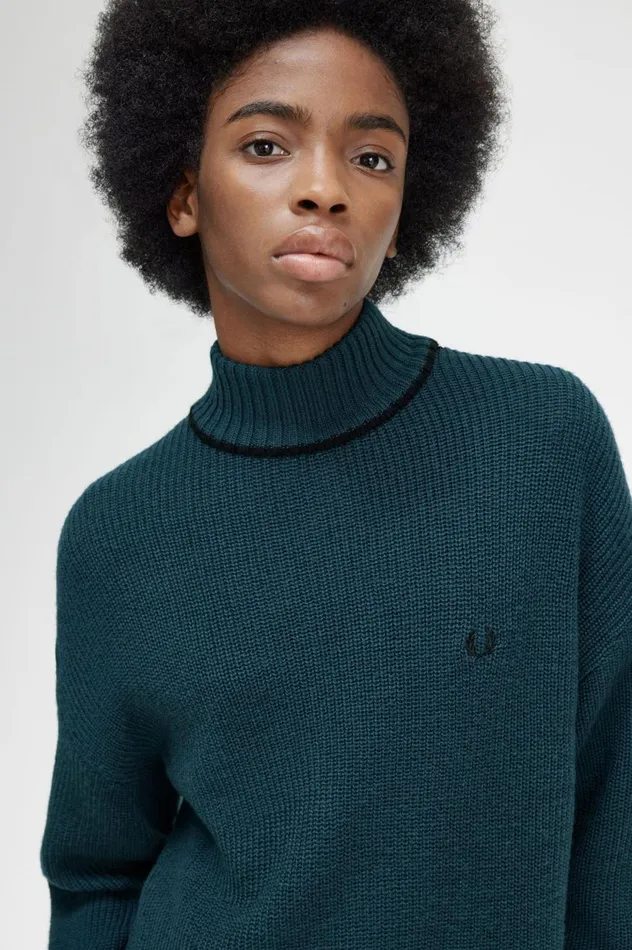 Women Fishtail Hem Mock Neck Jumper Petrol Blue Fred Perry Knitwear