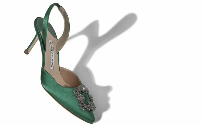 Women Green Satin Jewel Buckle Slingback Pumps Manolo Blahnik Pumps