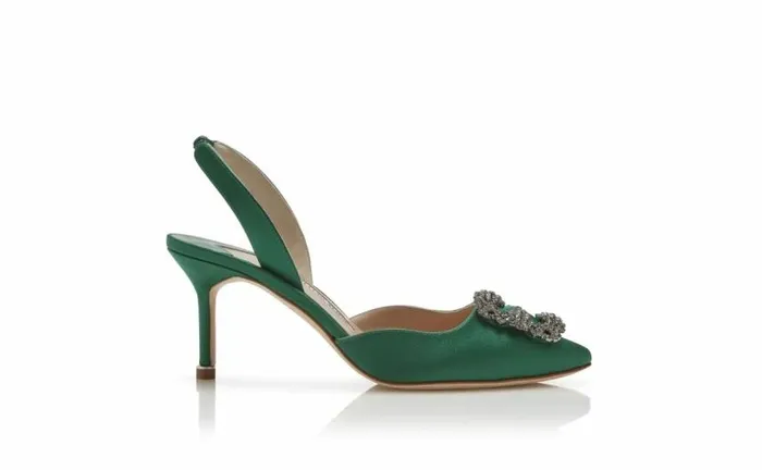 Women Green Satin Jewel Buckle Slingback Pumps Manolo Blahnik Pumps