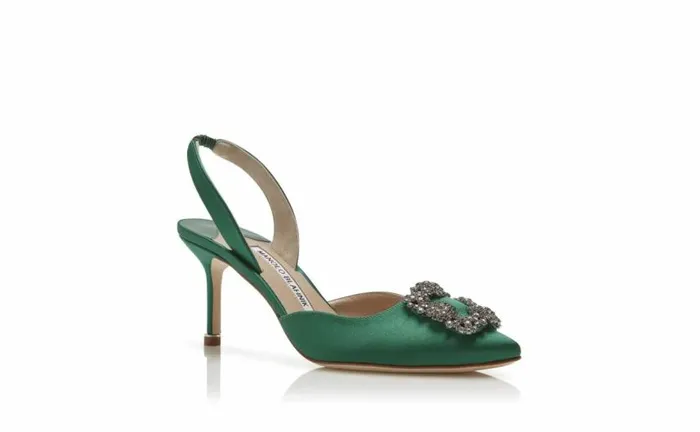 Women Green Satin Jewel Buckle Slingback Pumps Manolo Blahnik Pumps