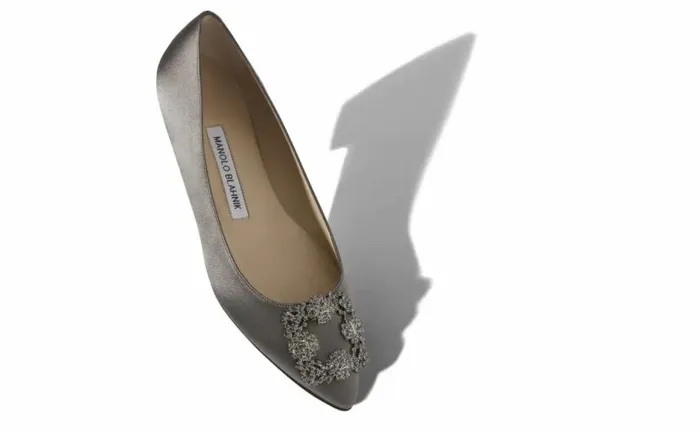 Women Grey Satin Jewel Buckle Flat Pumps Manolo Blahnik Flats