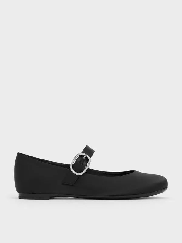 Women Jannie Satin CrystalBuckle Mary Janes 8211 Black Textured CHARLES and KEITH Flats