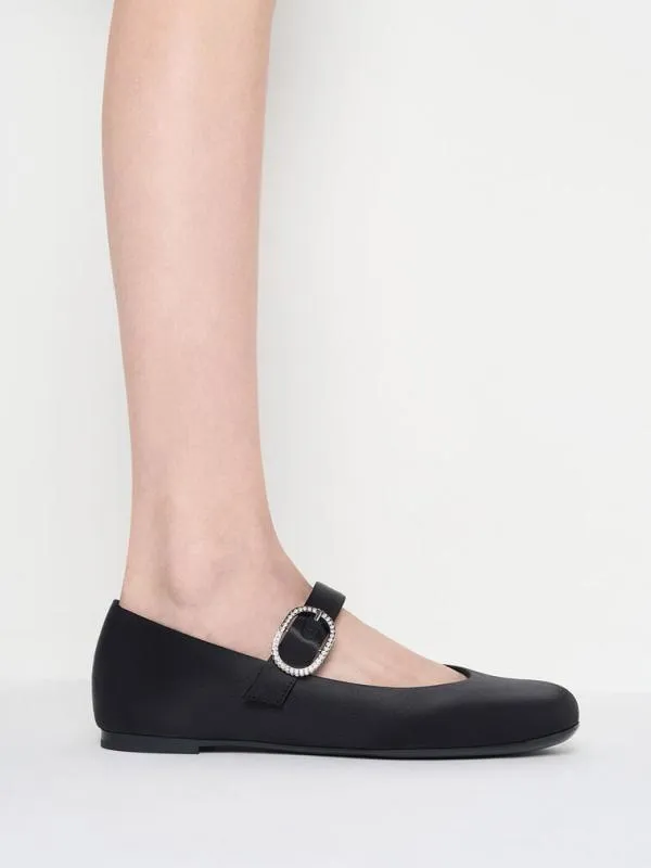 Women Jannie Satin CrystalBuckle Mary Janes 8211 Black Textured CHARLES and KEITH Flats