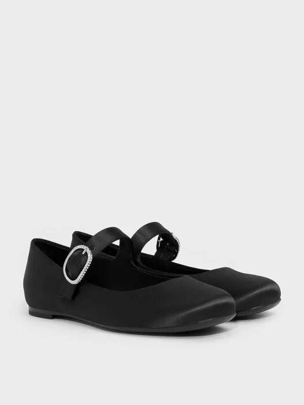 Women Jannie Satin CrystalBuckle Mary Janes 8211 Black Textured CHARLES and KEITH Flats