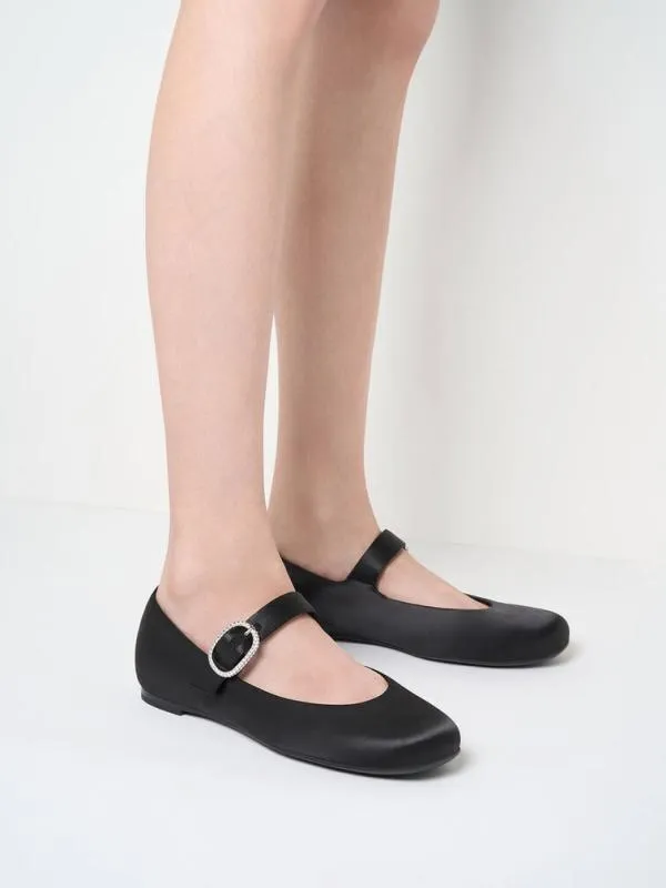 Women Jannie Satin CrystalBuckle Mary Janes 8211 Black Textured CHARLES and KEITH Flats