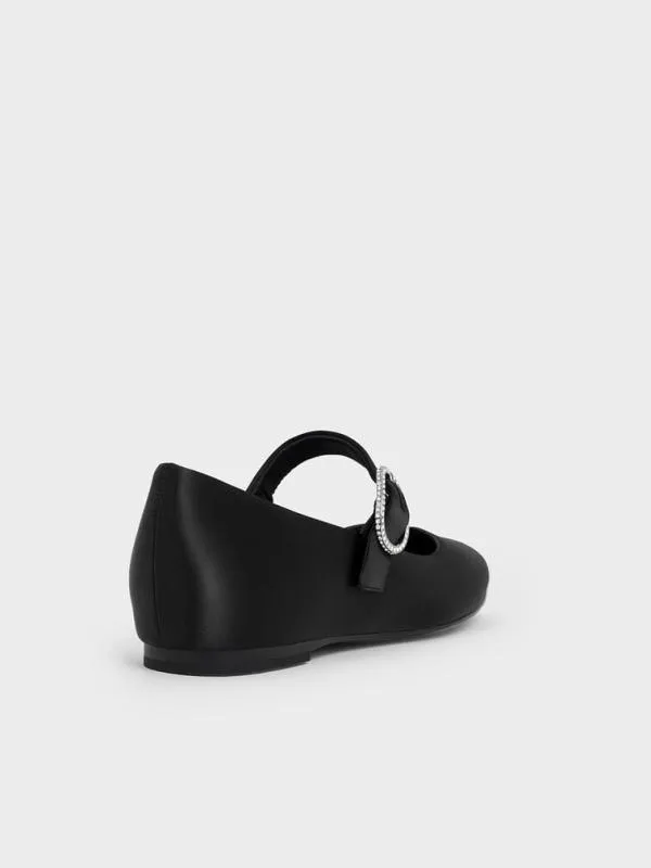 Women Jannie Satin CrystalBuckle Mary Janes 8211 Black Textured CHARLES and KEITH Flats