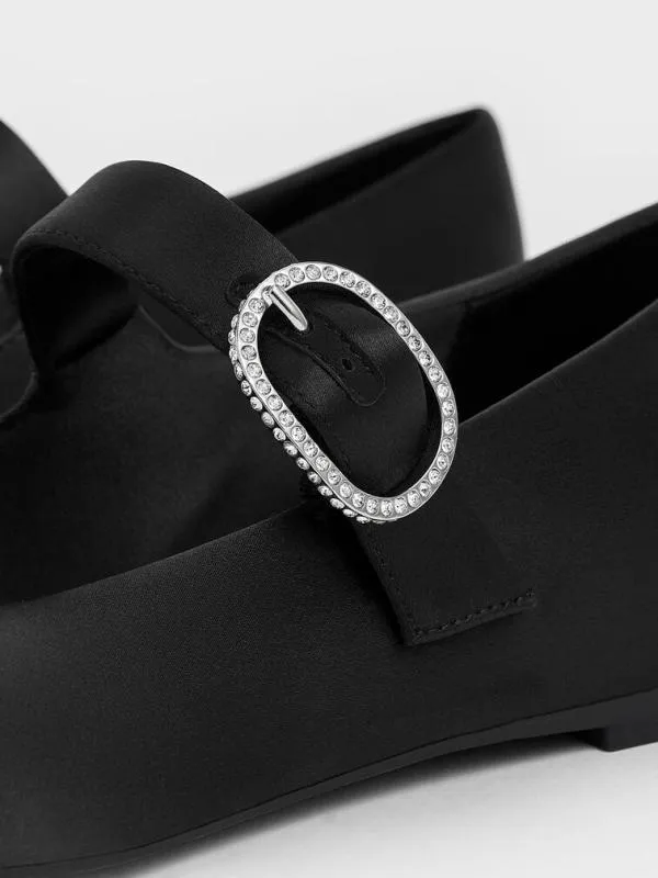 Women Jannie Satin CrystalBuckle Mary Janes 8211 Black Textured CHARLES and KEITH Flats