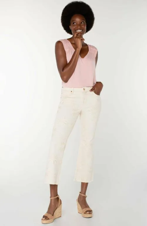 Women Jeans Liverpool Los Angeles Hannah Crop Flare With Fray Hem Ecru Abstract Floral