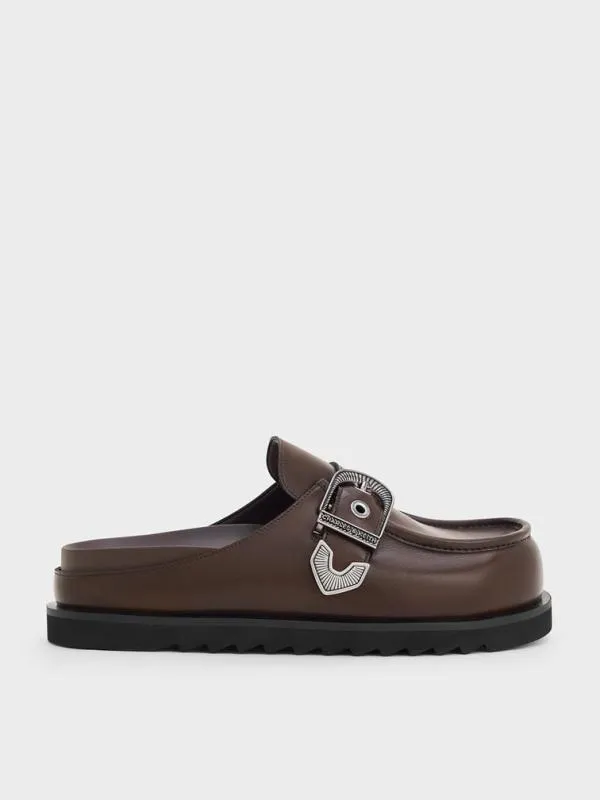 Women Kirke BuckleStrap Flatform Mules 8211 Dark Brown CHARLES and KEITH Flats