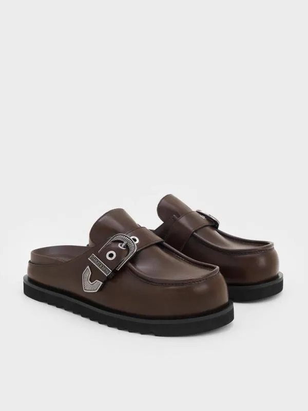Women Kirke BuckleStrap Flatform Mules 8211 Dark Brown CHARLES and KEITH Flats