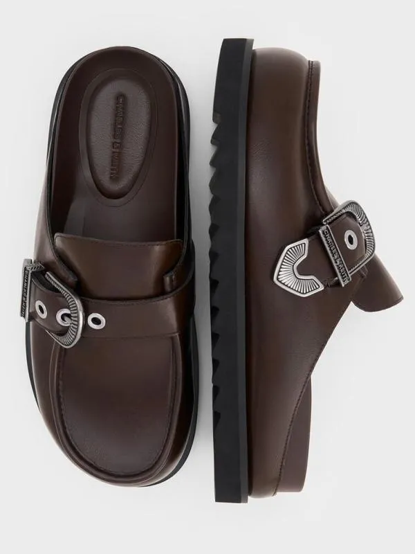 Women Kirke BuckleStrap Flatform Mules 8211 Dark Brown CHARLES and KEITH Flats
