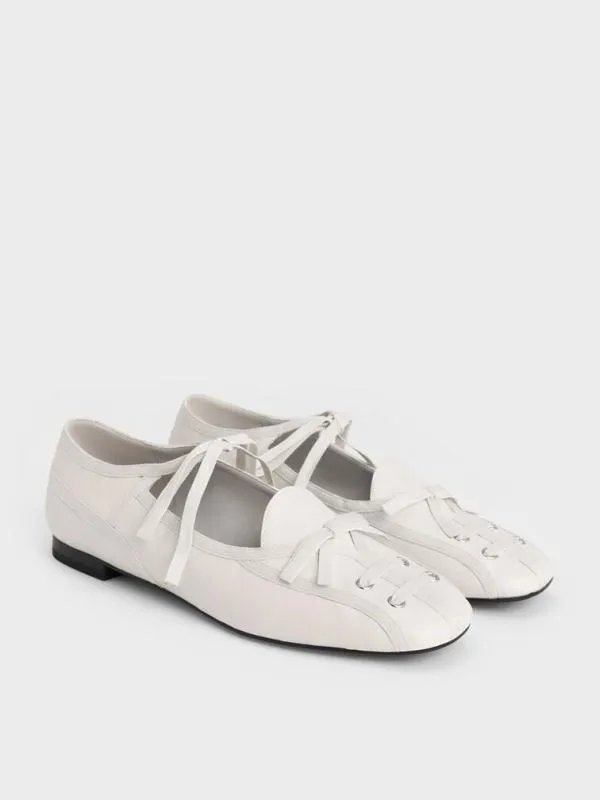 Women LaceUp Bow Ballet Flats 8211 White CHARLES and KEITH Flats