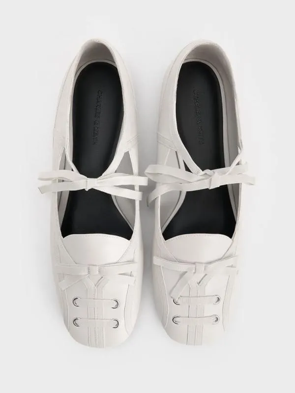 Women LaceUp Bow Ballet Flats 8211 White CHARLES and KEITH Flats