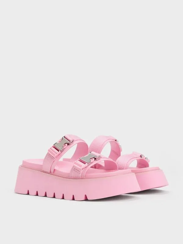 Women Laine MetallicBuckle Flatform Sandals 8211 Light Pink CHARLES and KEITH Sandals