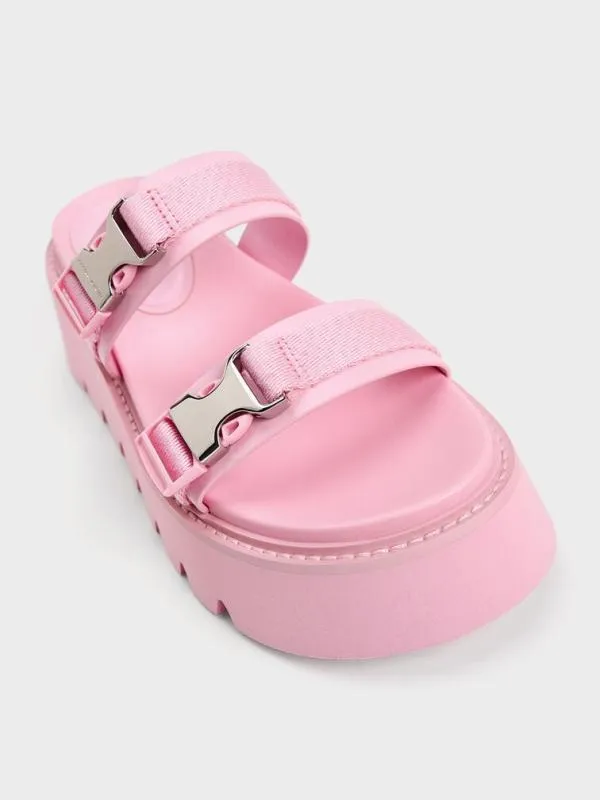 Women Laine MetallicBuckle Flatform Sandals 8211 Light Pink CHARLES and KEITH Sandals